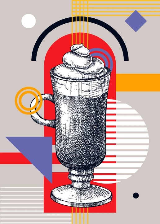 Collage style coffee vector illustration. Sketched latte drawing. Trendy design with coffee glass, geometric and abstract shapes. Hot drink for print, poster, card, social media, menu, wall art